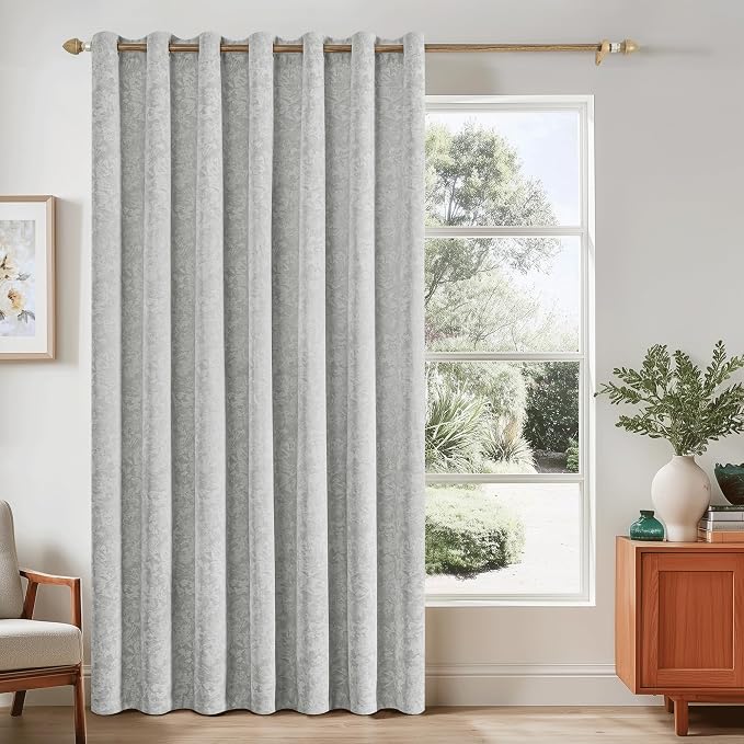 Beauoop Grey Floral Jacquard Blackout Sliding Door Curtains 100x84 1 Set | Flower Chenille Room Darkening Patio Curtains Extra Wide Room Divider Drapes Thermal Soundproof Window treatment Grommet