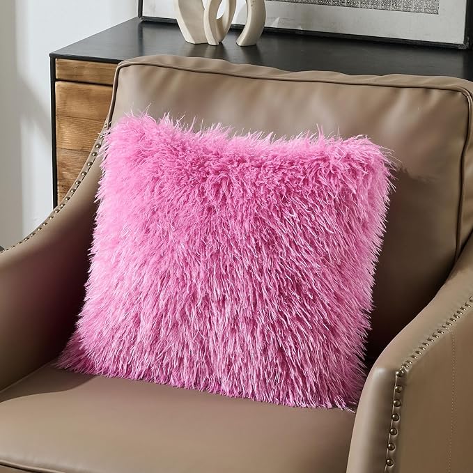 FUTEI Pack of 2 Shaggy Mongolian Faux Wool Throw Pillow Covers 18x18 Inch Soft Fluffy Farmhouse Decorative Cushion Case for Couch Bed Living Room, Hot Pink