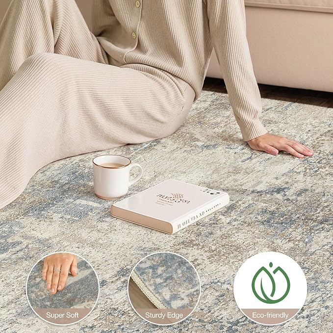 cotiled 6x9 Area Rugs Abstract Soft Non Slip Washable Living Room Rug | Stain Resistant, Robot Vacuum & Pet Friendly, Low-pile, For Living Room, Bedroom, Dining Table, Nursery Light Blue