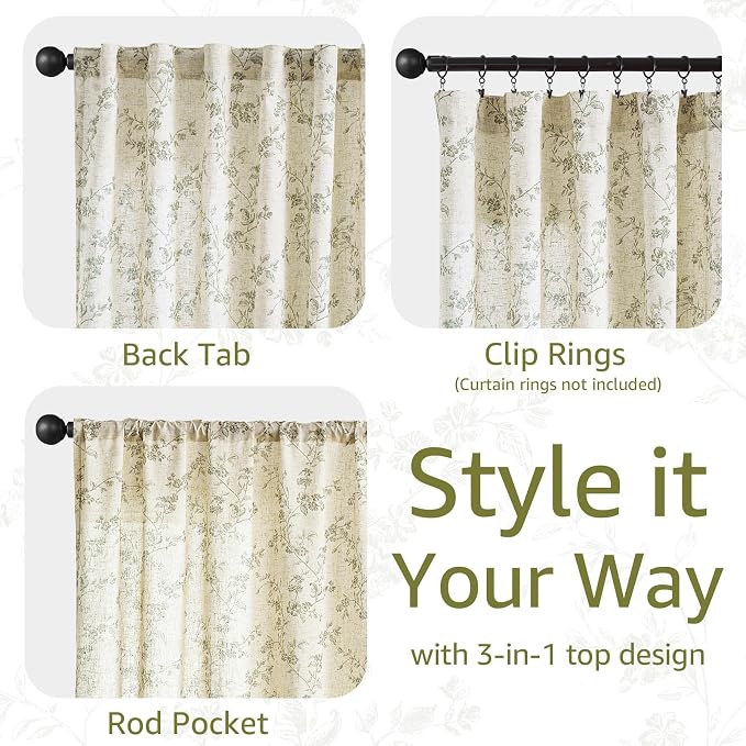 jinchan Green Floral Linen Curtains 84 Inch Flower Drapes Back Tab 2 Panels | Green on beige, light filtering, semi sheer, farmhouse, rustic, country, bedroom, living room, kitchen, window treatment