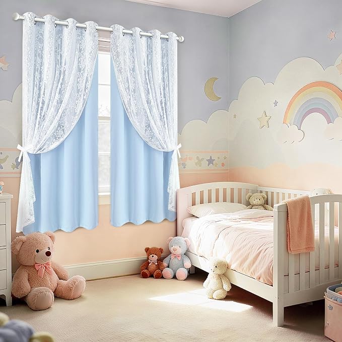 Yinhua Double Layer Blackout Curtains for Bedroom Blue Curtains for Living Room 63 Inch Length 2 Panels Set Kid Curtain with Tiebacks, Grommet Drapes with Floral Sheer Overlay, 52" W x 63" L