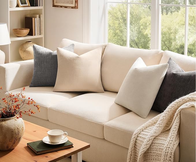 Pack of 4 Throw Pillow Covers 18x18 Inch Chenille Textured Neutral Grey Soft Pillow Covers Solid Decorative Farmhouse Cushion Covers Home Boho Decor for Couch Sofa Bed Living Room