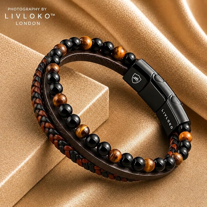 LONDON Mens Bracelet Leather Black Multi-Layer Stone Beads Adjustable Steel Clasp Viking Rope Bands Surfer Man Wristband Male UK Jewellery Gift box Boyfriend Dad Son Brother Tiger Eye