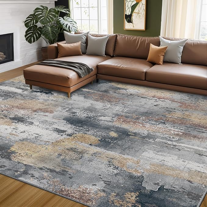 RELEANY Washable Area Rugs 6'x9' Non-Slip Modern Abstract Soft for Living Room Entryway Bedroom Kitchen, Print Pattern, Charcoal Brown