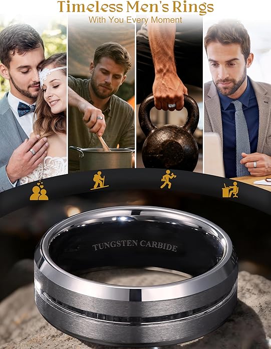 Jstyle Tungsten Wedding Rings for Men Black/Silver/Gold Mens Wedding Band 8MM Mens Engagement Rings Groove Beveled Edges High Polish/Matte Finish Men's Promise Ring Comfort Fit Size 7-14