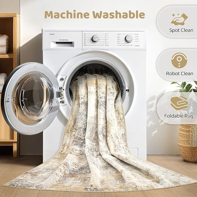 Runner Rug Kitchen Washable Rugs: 2x5 Non-Slip Abstract Soft Modern Stain Resistant Indoor Floor Neutral Accent Throw Carpet for Hallway Bathroom Laundry Room Entryway Bedroom- Gray Gold