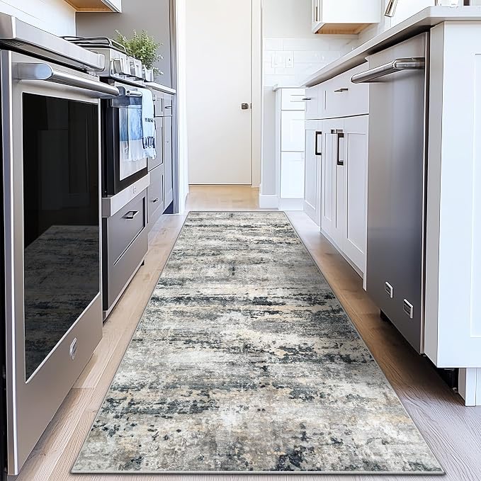 pmtsns Area Rugs 2x8 Runner Rug: Washable Hallway Rug Modern Abstract Neutral Soft Non-Slip Low-Pile Indoor Carpet for Kitchen Bedside Entrance Laundry (Black Grey Brown, 2'x8')