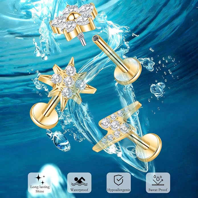 limerencia Titanium Internally Threaded Flat Back Earrings, 3 Pcs Implant Grade Hypoallergenic Studs, 18G Tragus Helix Conch Cartilage Piercing Jewelry for Sensitive Ears Women Men, Gold/Silver