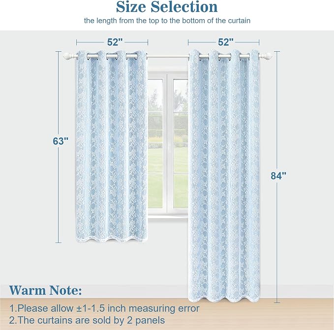 Yinhua Double Layer Blackout Curtains for Bedroom Blue Curtains for Living Room 63 Inch Length 2 Panels Set Kid Curtain with Tiebacks, Grommet Drapes with Floral Sheer Overlay, 52" W x 63" L