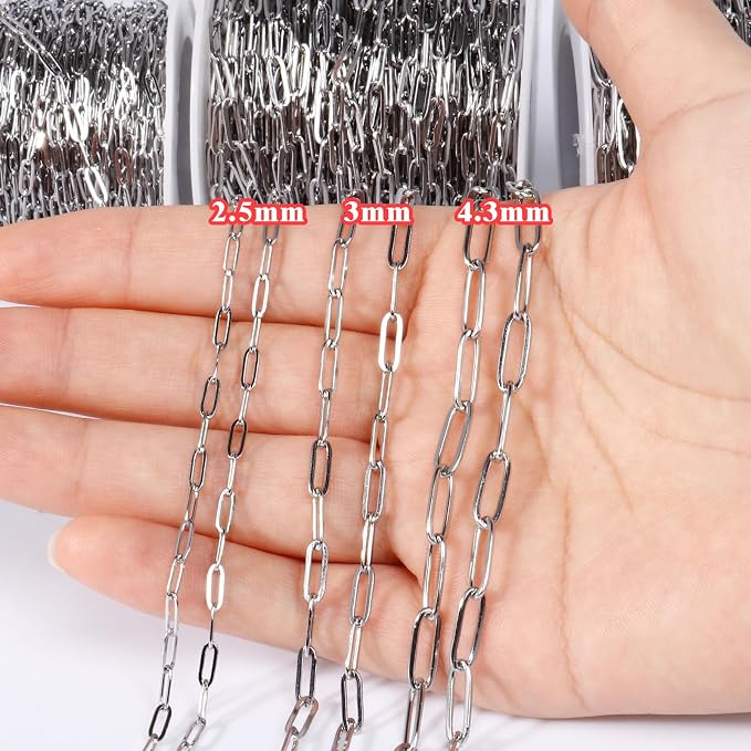 [33 Ft] Stainless Steel Paperclip Chains Roll, 2.5mm Width 304 Stainless Steel Oval Link Chains Spool Bulk for Jewelry Making