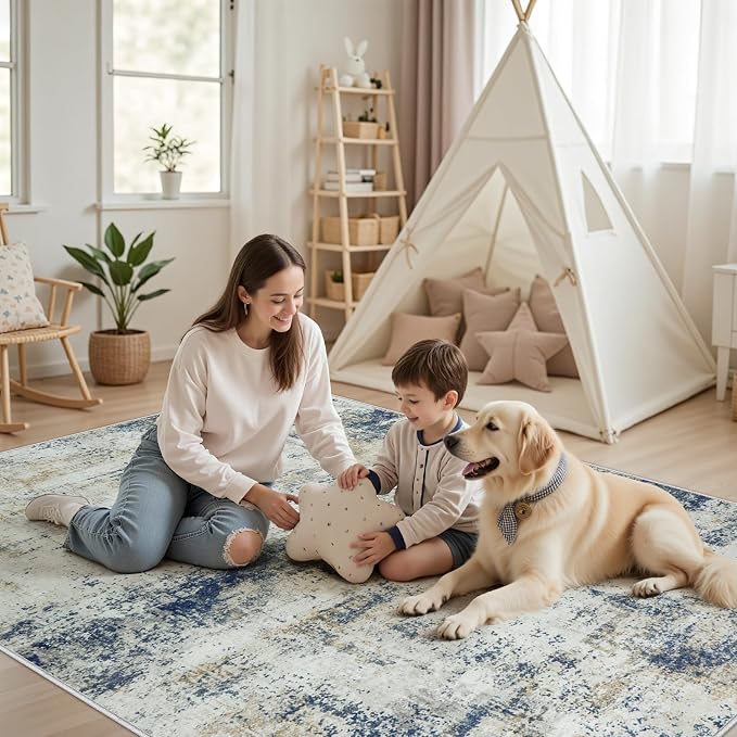 10x14 Area Rugs Living Room Rugs: Large Washable Rug with Anti-Slip Backing Non-Shedding Stain-Resistant Soft Abstract Carpet for Bedroom Dining Room Nursery Home Office Blue Brown