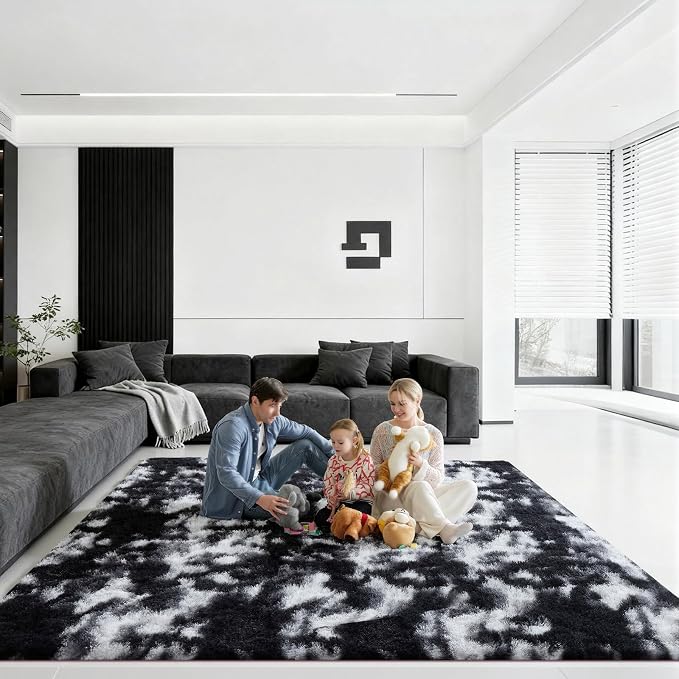 8x10 Area Rugs for Living Room, Large Fluffy Rugs for Bedroom, Fuzzy Shag Soft Non-Slip Carpet for Kids Girls and Boys Nursery Dorm Indoor Room Home Decor (8ft X 10ft, Black and White)