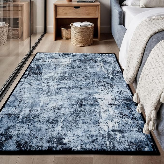 Rugflix 3x4 Entrance Rugs, Entry Rug Washable Non-Slip Stain-Resistant Low Pile Small Modern Dark Carpet, for Living Room Bedroom Indoor, Navy Blue/Black