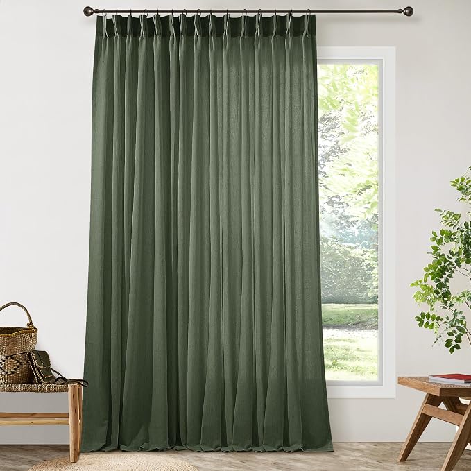 Olive Green Extra Wide Pinch Pleated 100 x 108 Inch Linen Curtains | for Living Room Patio Glass Sliding Door, Light Filtering Semi Sheer, Pleat Drape, Hooks Rings, Back Tab, 108 Inches Long
