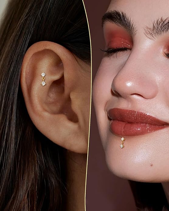 COCHARM 14K Gold Helix Cartilage Tragus Earring Stud Flat Back16g Real Gold Conch Helix Tragus Piercing Jewelry Dangle 14Kt Lip Labret Stud Internally Threaded