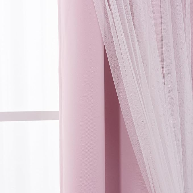 INLINAS Pale Pink Blackout Curtains with Sheer Overlay - Grommet Top Thermal and Noise Reduction Panels for Bedroom and Living Room Light Blocking and Energy Saving, 52 x 63 Inches, Set of 2