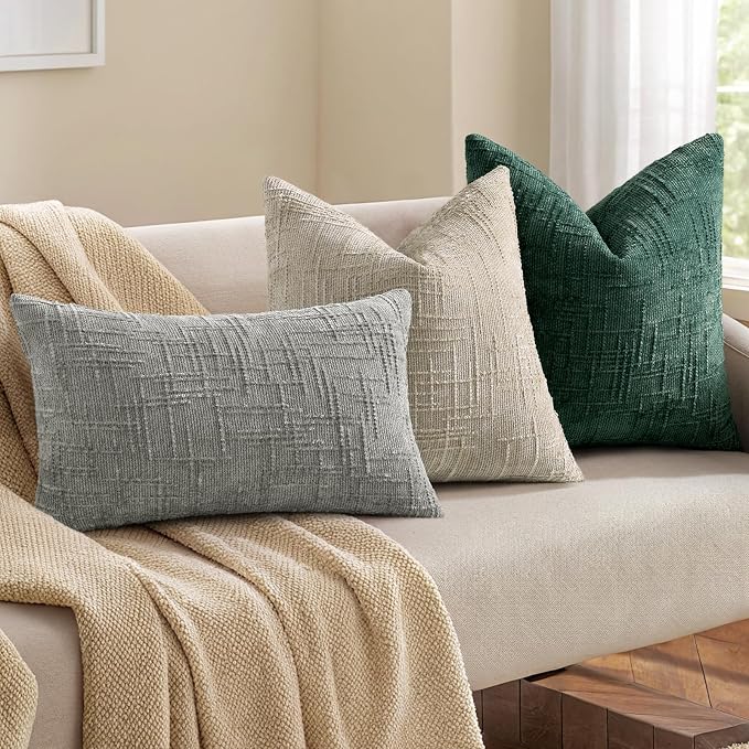 decorUhome Textured Chenille Throw Pillow Covers 22x22 Set of 2 Green | Fall Modern Farmhouse Soft Cozy Slubby Couch Pillow Cases Boho Decorative Pillow Cases for Bed Sofa Living Room Home Decor