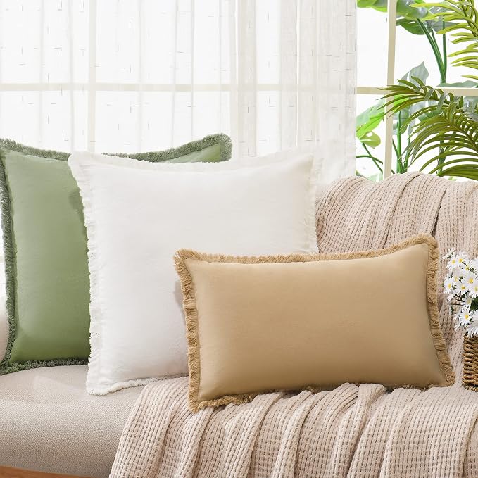ZWJD Pillow Covers 16x16 Set of 2 Cream Throw Pillow Covers with Fringe Chic Cotton Decorative Pillows Square Cushion Covers for Sofa Couch Bed Living Room Farmhouse Boho Decor