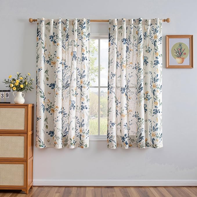 MYSKY HOME Linen Floral Curtains 63 inches Long 2 Panels Set for Bedroom Light Filtering Privacy Protect Farmhouse Style Decorative Drapes Back Tab for Home,50" Wide Each Panel, Yellow and Blue