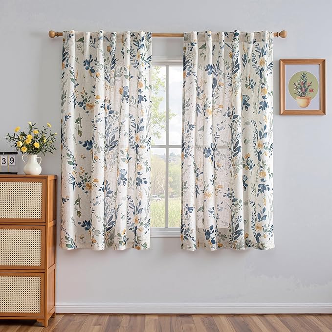 MYSKY HOME Floral Linen Curtains 72 inch Length 2 Panels Set - Light Filtering Semi Sheer Protect Privacy Farmhouse Patterned French Drapes Back Tab Rod Pocket, 50" W Each Panel, Yellow and Blue