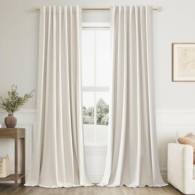 Extra Long 100% Blackout Linen Curtains for Bedroom 100 Inches Long Natural Cream Black Out Curtain Back Tab Thermal Insulated Room Darkening Window Drapes for Living Room 2 Panels Beige Ivory 52x100