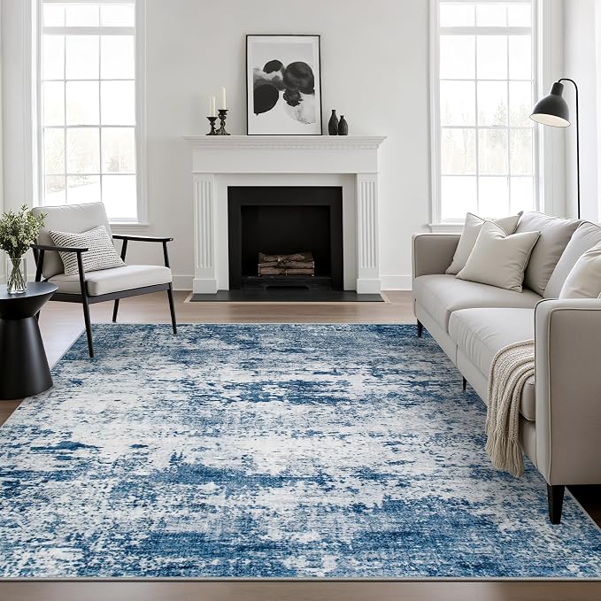 5x5 Area Rug Living Room Rug: Washable Modern Abstract Soft Thin Rug Indoor Floor No Slip Stain Resistant Carpet for Bedroom Dining Room Farmhouse Nursery Home Office - Blue