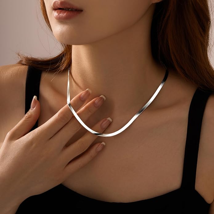 WomenGifts 14K Gold Silver Plated Herringbone Necklace for Women, Dainty Snake Chain Choker, Trendy Simple Long Layered Jewelry Non Tarnish, 3/4/5/8mm,14,16,18,20,22,24,26 Inch Thin & Chunky Options