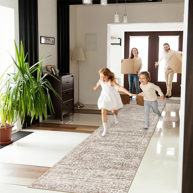 Lahome Runner Rug for Hallway 2.5x10, Washable Kitchen Runner Rugs | Ultra-Thin Non Slip, Neutral Boho Print Long Farmhouse Indoor Carpet Runner for Entryway 10ft Aube (Taupe, 2'5''x10')