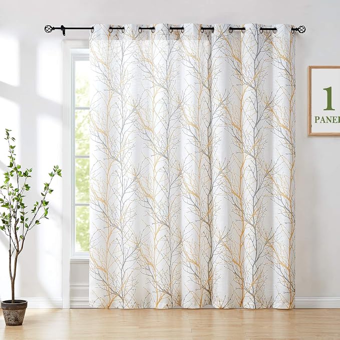 FMFUNCTEX Linen Yellow Grey Semi Sheer Patio Curtains 96 Inch Long 1 Panel | Extra Wide Sheer Patterned Patio Door Drapes, Tree Branch Print, Grommet Top for Sliding Doors and Airy Farmhouse Privacy