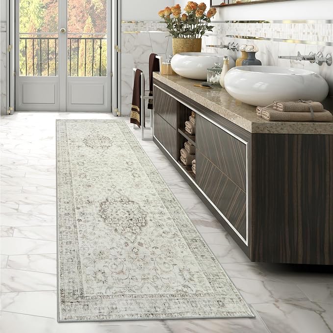 LIVEBOX Washable 2.5x8 Runner Rugs for Entryway Bathroom, Boho Kitchen Floor Mats Long Rug Runners for Hallways Non Slip, Farmhouse Low-Pile Carpet Runners for Laundry Room, Taupe