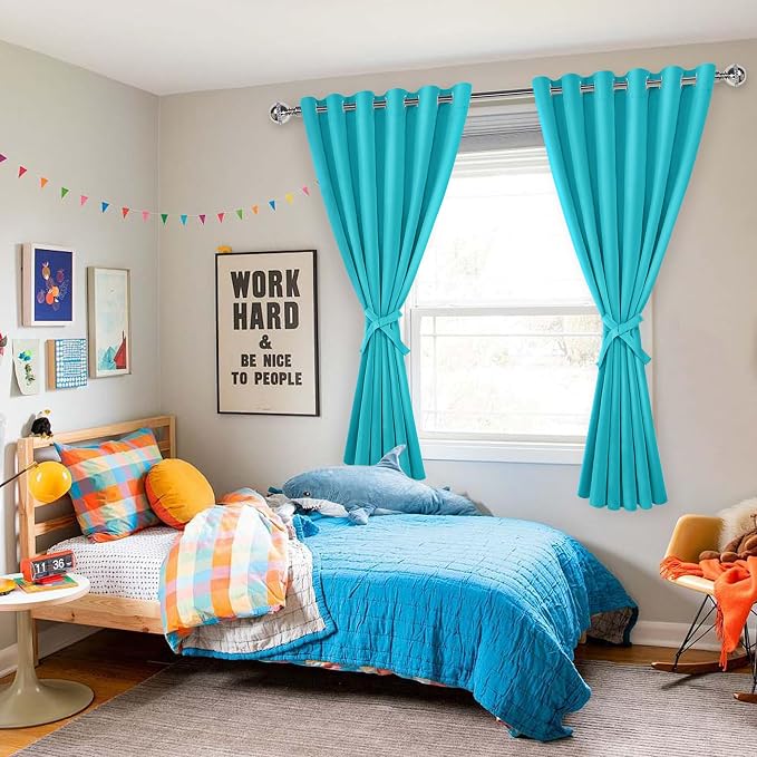 Hiasan Grommet Blackout Curtains for Bedroom, 70 x 63 Inches - Thermal Insulated & Light Blocking Window Drapes for Living Room/Dorm Room, Set of 2 Panels Sewn with Tiebacks, Turquoise