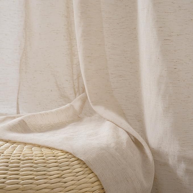FMFUNCTEX Taupe Flax Linen Sheer Curtains 96 Inch Long Rod Pocket 2 Panels | Semi Sheer Window Drapes Taupe for Bedroom and Living Room, Farmhouse French Window Curtain Privacy