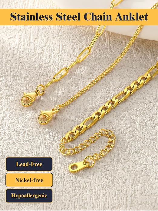 U7 2Pcs/3Pcs Ankle Bracelets for Women, Stainless Steel Cuban Link/Figaro/Rope/Heart Chain Anklets Sets,Waterproof Layered Anklets Adjustable 8.5"-10.5"