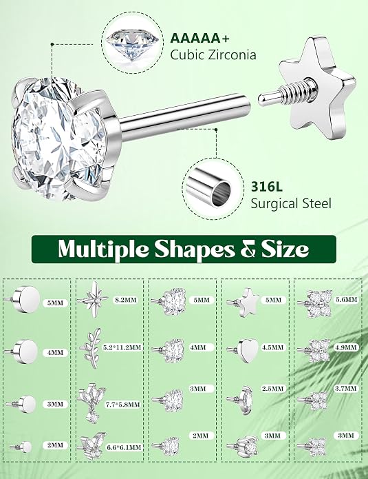 Drperfect 18G Reversible Flat Back Stud Earrings for Women Hypoallergenic Surgical Steel 14K Gold Silver Plated Internal Thread Stud Piercing Jewelry for Tragus Helix Cartilage Conch Piercing