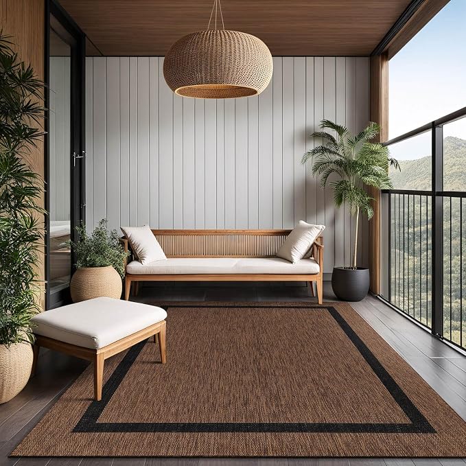Luul Home Bordered Outdoor Rug 9x12 Washable Outside Carpet for Indoor Patio Porch Waterproof Easy Cleaning Non Shedding Area Rugs Nut Brown - Black 9 x 12