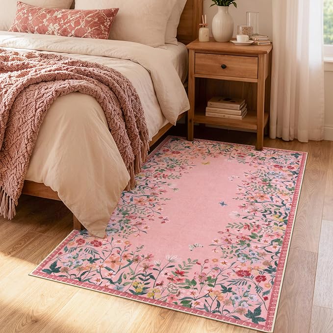 Wonnitar 4x6 Washable Area Rug, Pink Rug for Girls Bedroom, Boho Floral Nursery Rug, Non Slip Accent Carpet for Kids Room, Farmhouse Flower Dorm Vanity Indoor Decor (4x6 Pink)