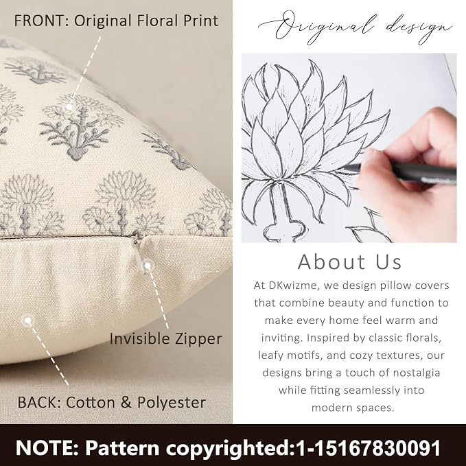 Farmhouse Floral Pillow Covers 16x16 Set of 2, Country Botanical Throw Pillow Cover for Sofa Couch Bed Living Room, Rustic Vintage Flower Cushion Covers Cottage Home Decor,Rustic Gray