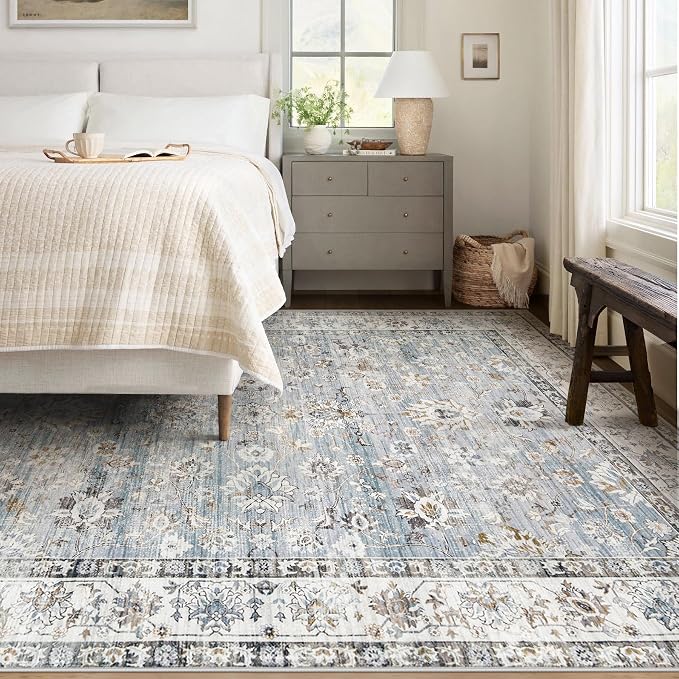 XLUEZ Area Rug 6x9 Living Room Rug, Machine Washable Vintage Distressed Boho Area Rug Non-Slip Soft Low Pile Large Indoor Rugs for Bedroom Kitchen Dining Room Office(Light Blue,6'x9')