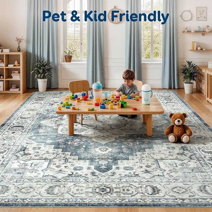 Lessymo 2 x 3 Runner Rug, Machine Washable Entryway Rugs Boho Faux Wool Low Pile Area Rug for Bedroom, Floral Medallion Vintage Rugs with Non-Slip Rubber,Blue Grey/Beige