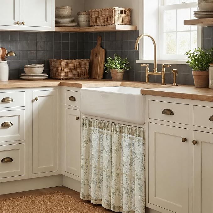Lazzzy Elisa Floral Kitchen Curtains 36 Inch Linen Cafe Curtains Farmhouse Half Window Drapes Over Sink Light Filtering for Small Windows Rod Pocket Back Tab 2 Panels Green on Beige
