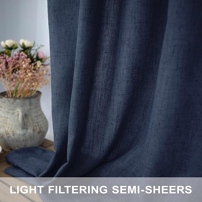 Navy Curtains 96 Inches Long for Kids Room 2 Panel Back Tab Pocket Drape Soft Cotton Textured Light Filtering Semi Privacy Sheer Dark Blue Linen Curtains for Living Room Boys Bedroom 52x96 Inch Length