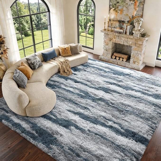 9x12 Extra Large Area Rugs for Living Room, Shaggy Non-Slip Tie-Dyed Rugs for Bedroom Kids Playroom Dorm Room, High Pile Ultra Soft Carpet, Blue
