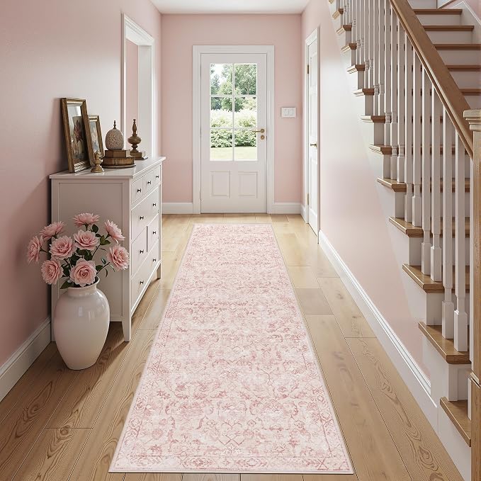 Pink 2x10 Runner Rug for Hallways Bed Side Kitchen, Boho Washable Distressed Low-Pile Floor Entryway Long Bathroom Mat, Non-Slip Laundry Room Washstand Front Carpet 24x120 Inch