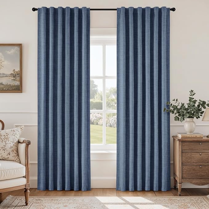 HOMEIDEAS 100% Blackout Faux Linen Curtains,Stone Dusty Blue Modern Farmhouse Luxury Curtains 63 Inches Long 2 Panels, Rod Pocket & Back Tab for Boho Vintage Living Room,Bedroom Decor