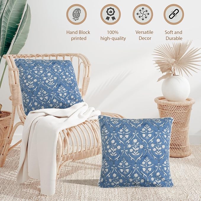 Ridhi Block Print Cornflower Blue Pillow Cover 24" x 24" (Pack of 2) Decorative Couch Pillows for Living Room, Chic Boho Cute Outdoor Pillows Covers Gifts for Spring, Easter and Valentine