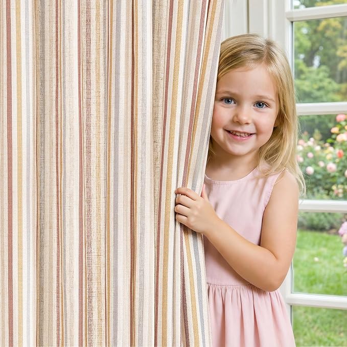 jinchan Linen Curtains 63 inch Red Stripe for Kids Room Grommet 2 Panels | Kids Curtains for Nursery Living Room Bedroom Baby Boys Room,Cute Colorful Ticking Stripe,Cottagecore Rustic,Light Filtering