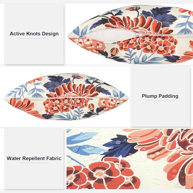 Outdoor Throw Pillows 16x16 Inch, Water Repellent Patio Pillows with Inners Set of 2 for Patio Furniture Home Graden, Red Chrysanthemum