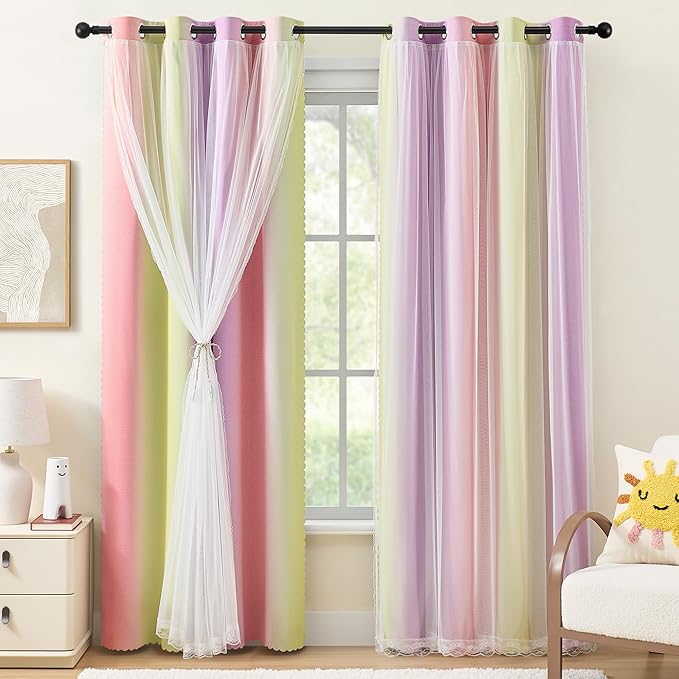 XiDi Girls Blackout Curtains for Bedroom 96 Inch Length 2 Panels Pink Yellow Purple Rainbow Blackout Curtains with Sheer Overlay for Little Girl Kids Room Decor Living Room Grommet Drapes 52W x 96L
