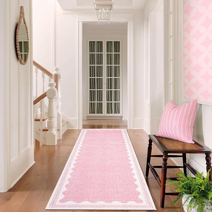 GarveeHome 2x6 Runner Rug for Hallway Washable Kitchen Rugs Non Slip Solid Pink Modern Minimalism Soft Low-Pile Scalloped Indoor Carpet for Entryway Laundry Room Floor Mats with Rubber Back