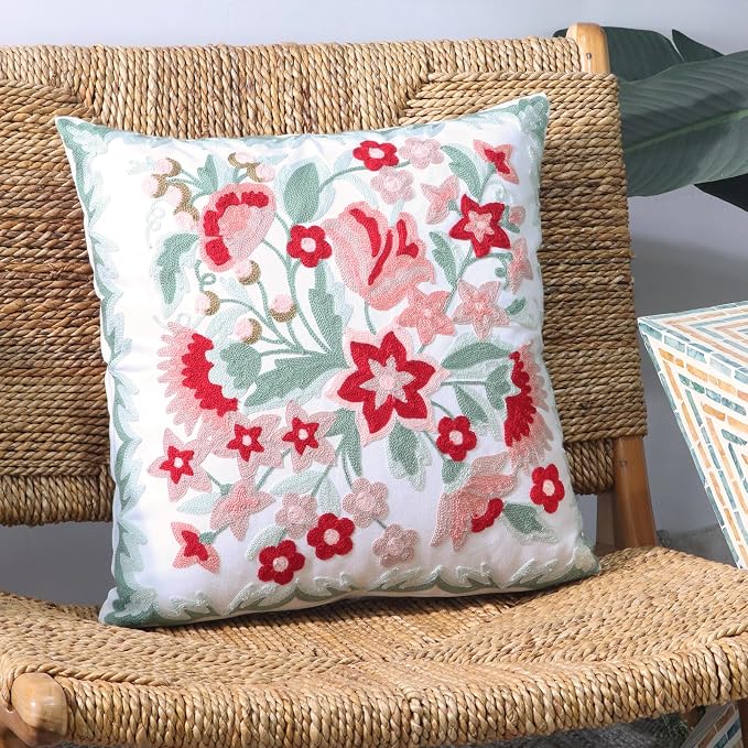 Set of 2 Embroidered Decorative Throw Pillow Covers Couch Square Pillowcases Cushion for Bedroom Sofa Farmhouse Decor 18x18 Inch (Angel Flower)